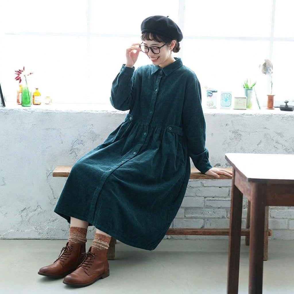 M-2XL コーデュロイ シャツカラー ギャザー きれいめ ロング丈 ワンピース 2XL ダークブルー