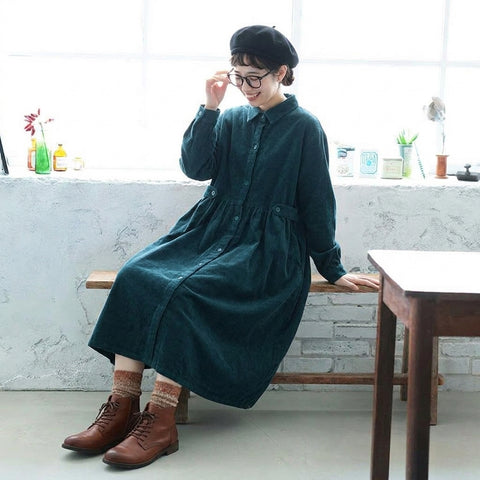 M-2XL コーデュロイ シャツカラー ギャザー きれいめ ロング丈 ワンピース 2XL ダークブルー