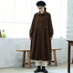 M-2XL コーデュロイ シャツカラー ギャザー きれいめ ロング丈 ワンピース M ブラック