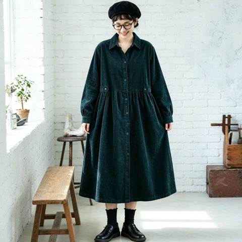 M-2XL コーデュロイ シャツカラー ギャザー きれいめ ロング丈 ワンピース M ブラック