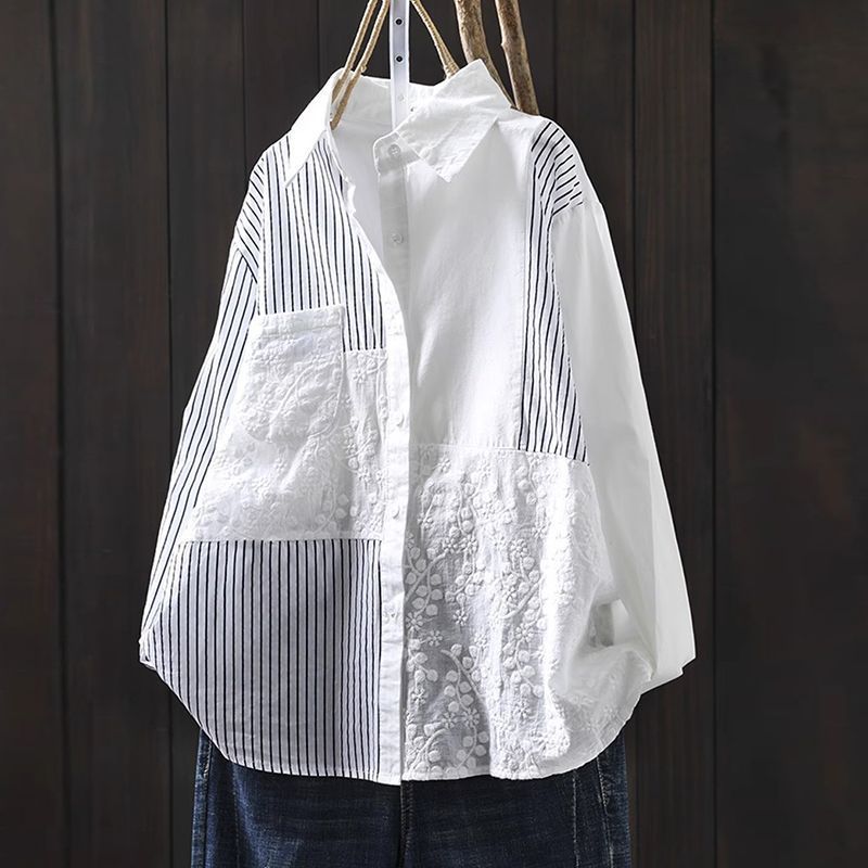 M-2XL さりげない華やぎのボーダーレ ースブラウス M ホワイト