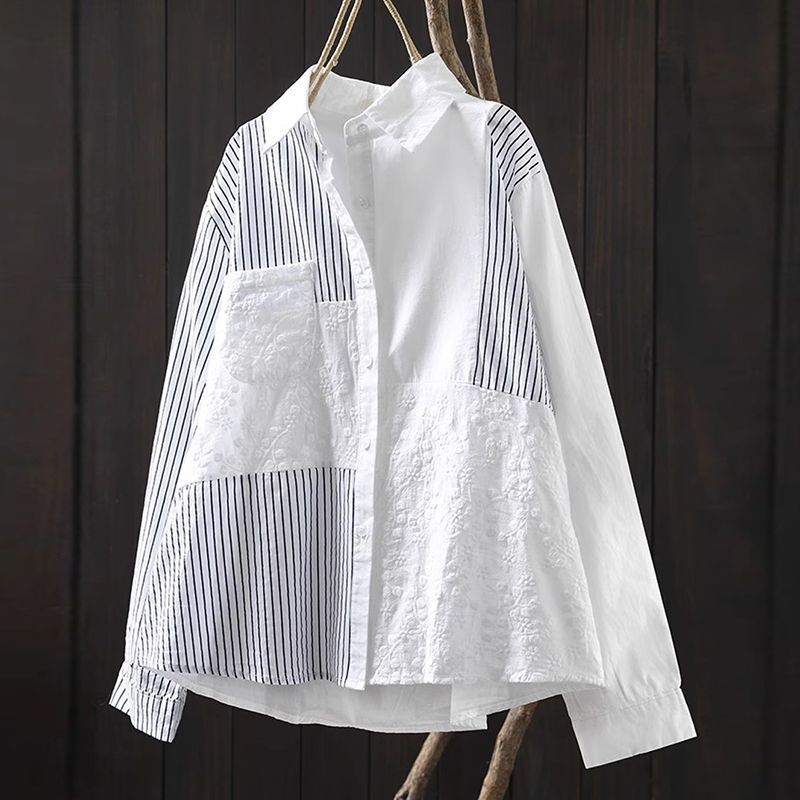 M-2XL さりげない華やぎのボーダーレ ースブラウス M ホワイト