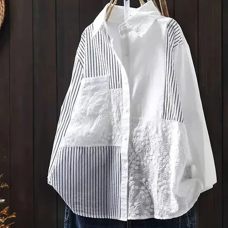 M-2XL さりげない華やぎのボーダーレ ースブラウス M ホワイト
