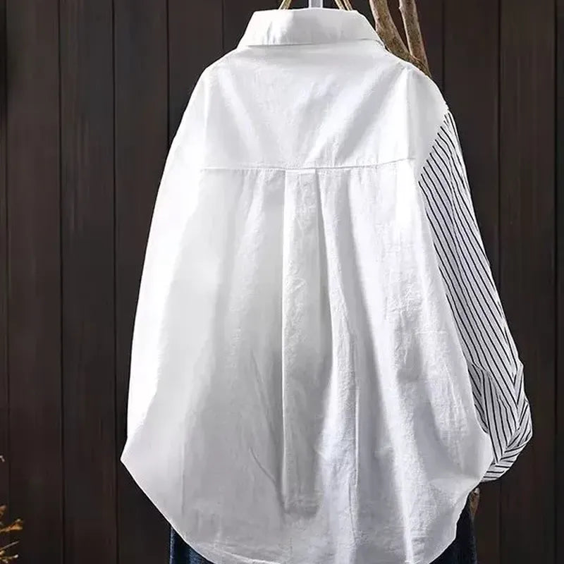 M-2XL さりげない華やぎのボーダーレ ースブラウス M ホワイト