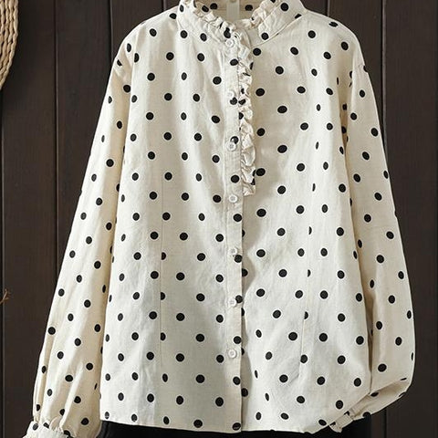 M-2XL ドット柄 レトロ フリル 長袖 シングルブレスト シャツ M 写真と同じ