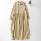 M-2XL 女性らしさ全開♡ 長袖 Aライン 無地 切り替え POLOネック シンプル ワンピース M ベージュ