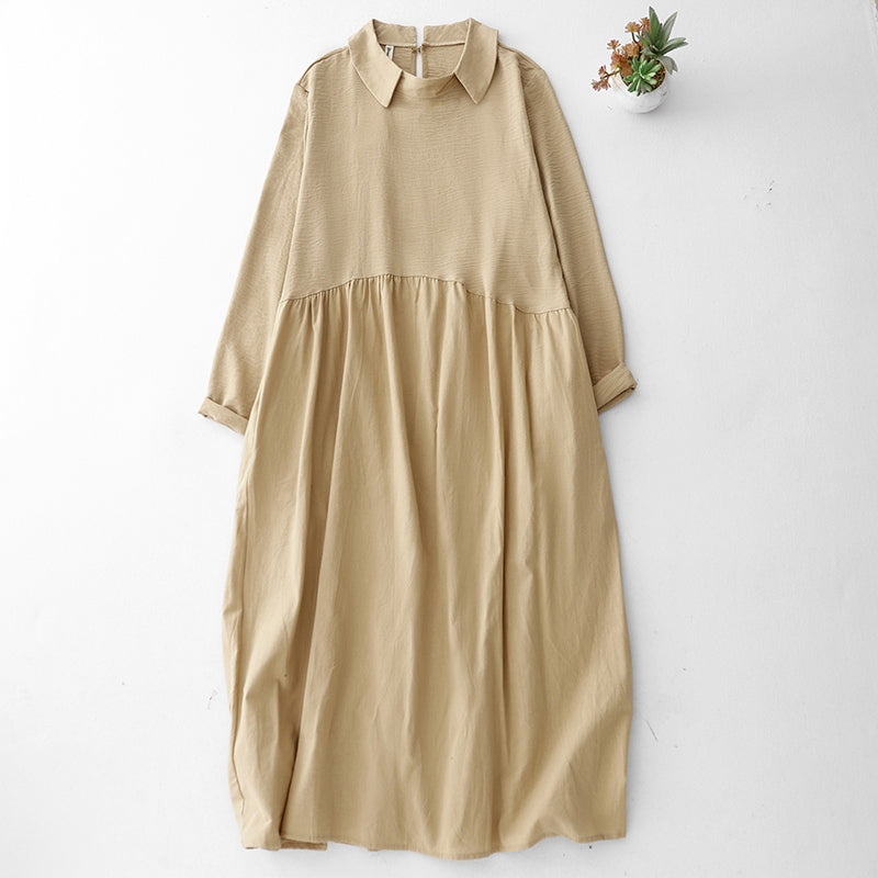 M-2XL 女性らしさ全開♡ 長袖 Aライン 無地 切り替え POLOネック シンプル ワンピース M ベージュ