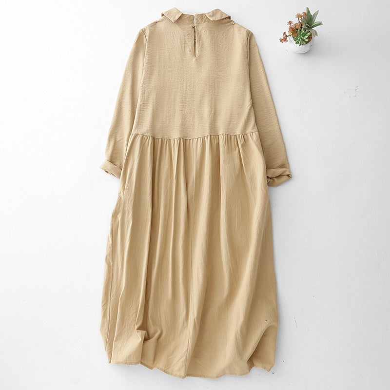 M-2XL 女性らしさ全開♡ 長袖 Aライン 無地 切り替え POLOネック シンプル ワンピース M ベージュ