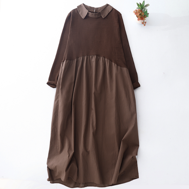 M-2XL 女性らしさ全開♡ 長袖 Aライン 無地 切り替え POLOネック シンプル ワンピース 2XL コーヒー