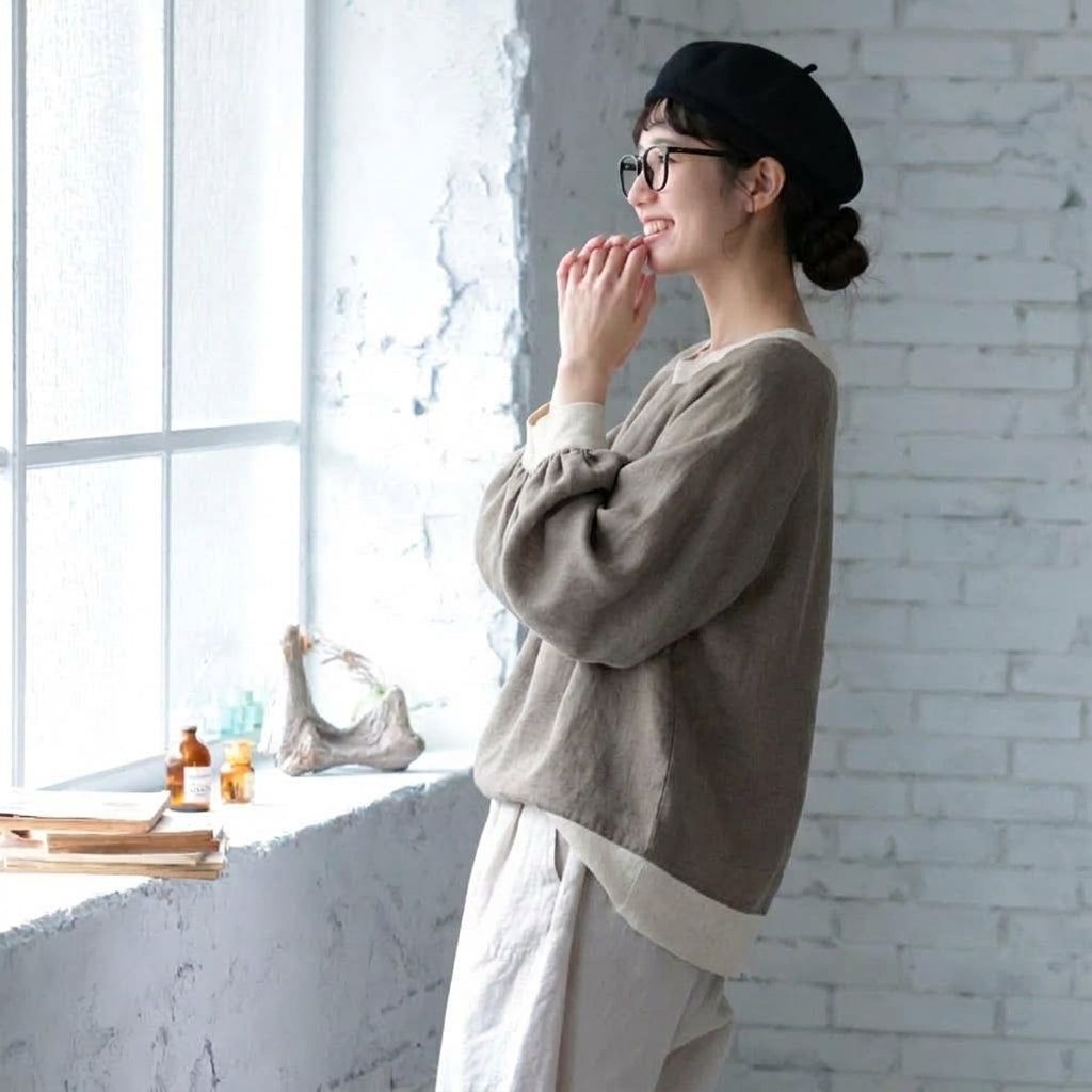 M-L 配色 ドルマンスリーブ ファッション ラウンドネック 長袖 Tシャツ L ベージュ
