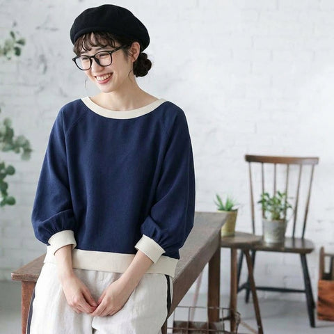 M-L 配色 ドルマンスリーブ ファッション ラウンドネック 長袖 Tシャツ L ロイヤルブルー