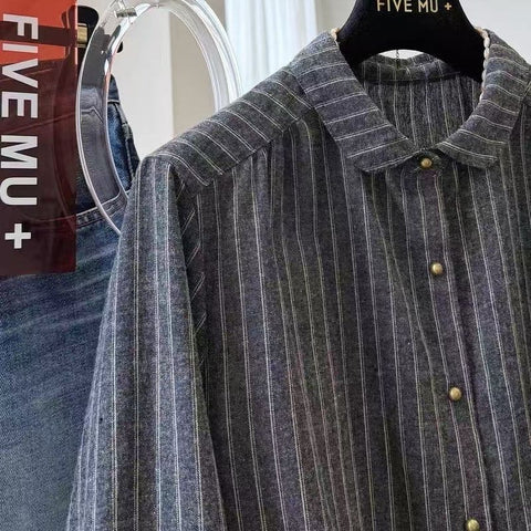 【コットン】 M-2XL ストライプ柄 折り襟 長袖 ボタン カジュアル シャツ M 写真通り