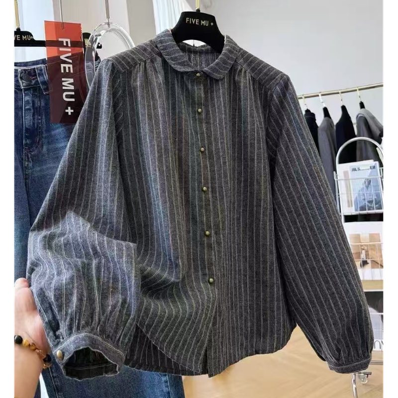 【コットン】 M-2XL ストライプ柄 折り襟 長袖 ボタン カジュアル シャツ M 写真通り