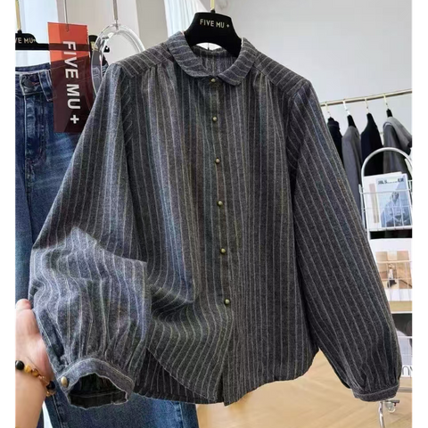 【コットン】 M-2XL ストライプ柄 折り襟 長袖 ボタン カジュアル シャツ M 写真通り