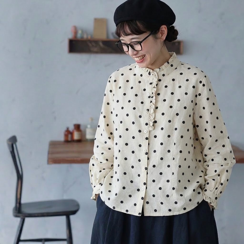 M-2XL ドット柄 レトロ フリル 長袖 シングルブレスト シャツ M 写真と同じ