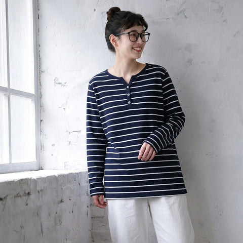 M-2XL 今季人気 Vネック ボーダー 長袖 カジュアル ボタン Tシャツ M ロイヤルブルー