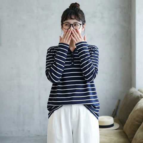 M-2XL 今季人気 Vネック ボーダー 長袖 カジュアル ボタン Tシャツ M ロイヤルブルー