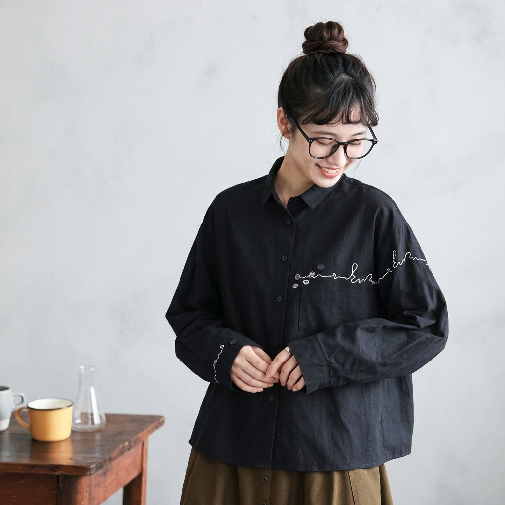 M-2XL 着回し自在！ 無地 刺繍 長袖 折り襟 ファッション シャツ M アプリコット