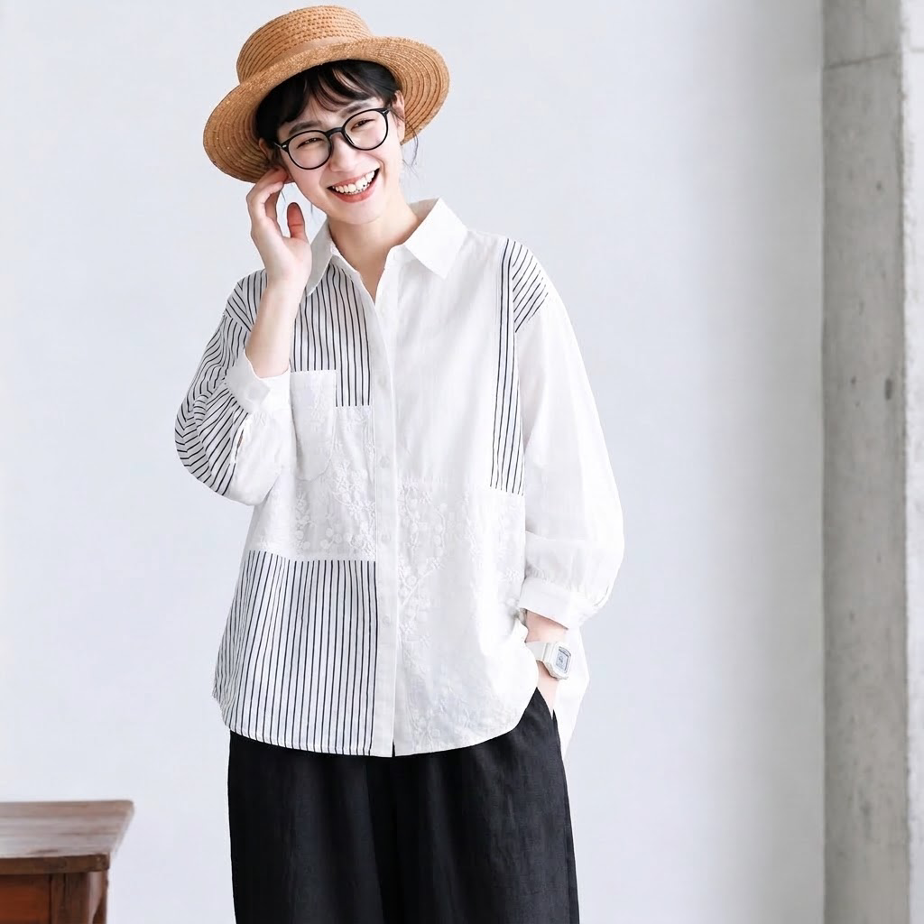 M-2XL さりげない華やぎのボーダーレ ースブラウス M ホワイト