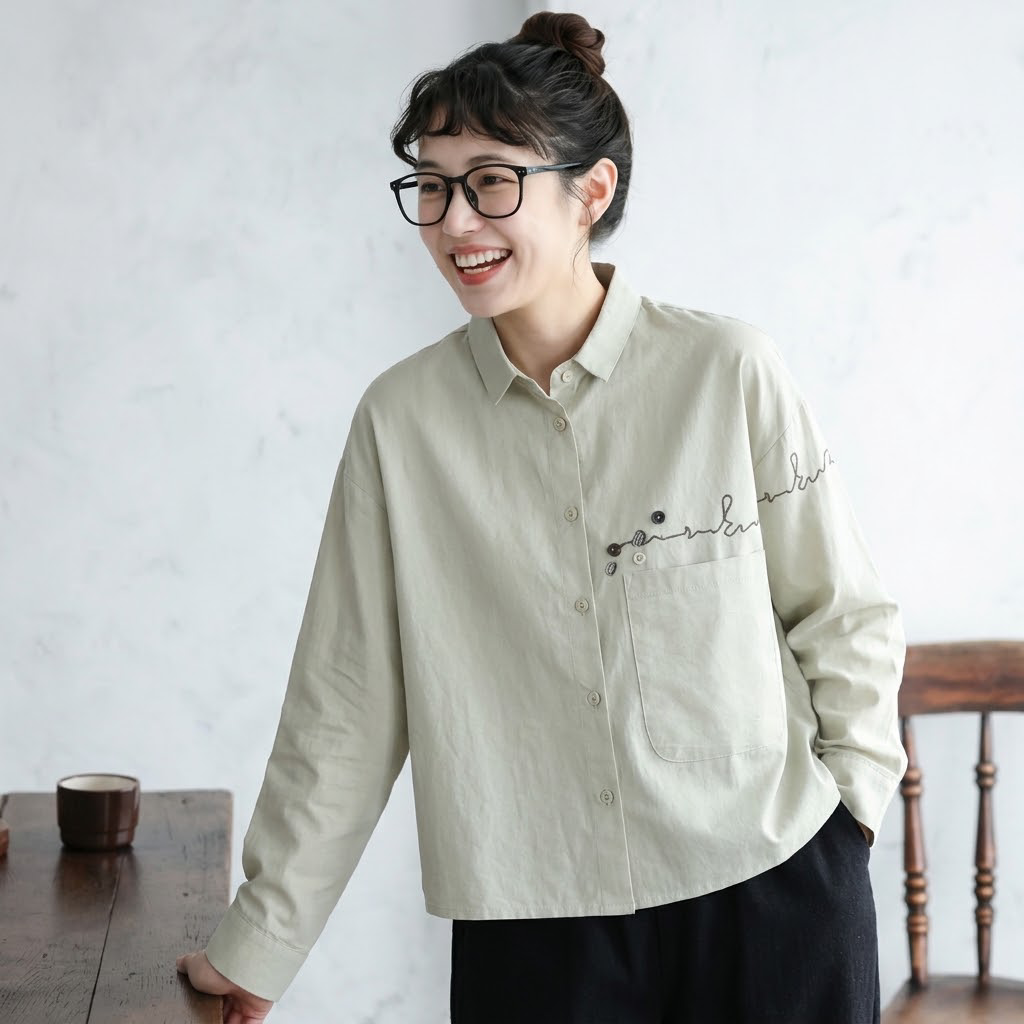 M-2XL 着回し自在！ 無地 刺繍 長袖 折り襟 ファッション シャツ 2XL ベージュ