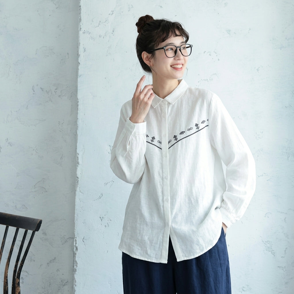 M-L 人気商品 長袖 刺繍 折り襟 森ガール シングルブレスト シャツ L ホワイト