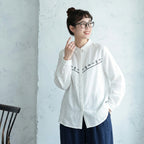 M-L 人気商品 長袖 刺繍 折り襟 森ガール シングルブレスト シャツ L ホワイト