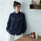 M-L 人気商品 長袖 刺繍 折り襟 森ガール シングルブレスト シャツ L ネイビー