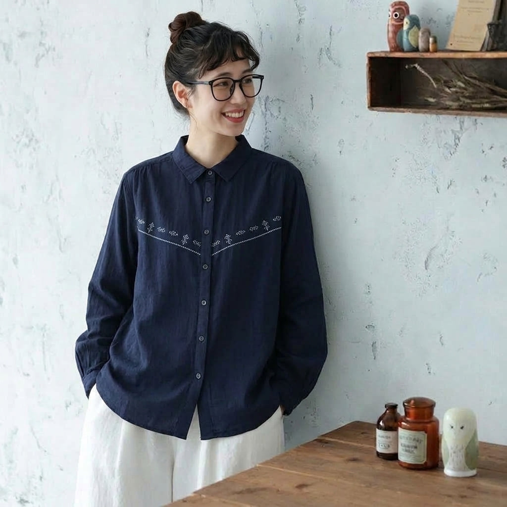 M-L 人気商品 長袖 刺繍 折り襟 森ガール シングルブレスト シャツ L ネイビー