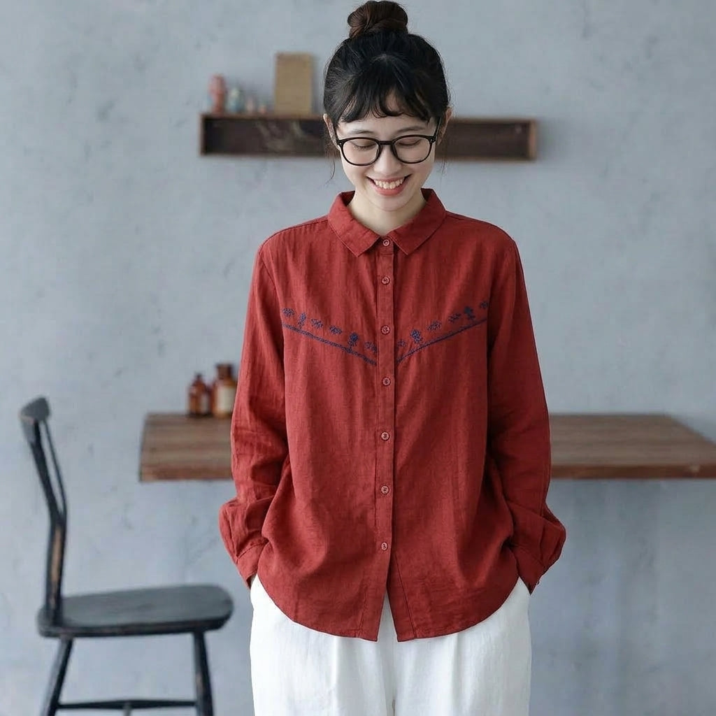 M-L 人気商品 長袖 刺繍 折り襟 森ガール シングルブレスト シャツ L レッド