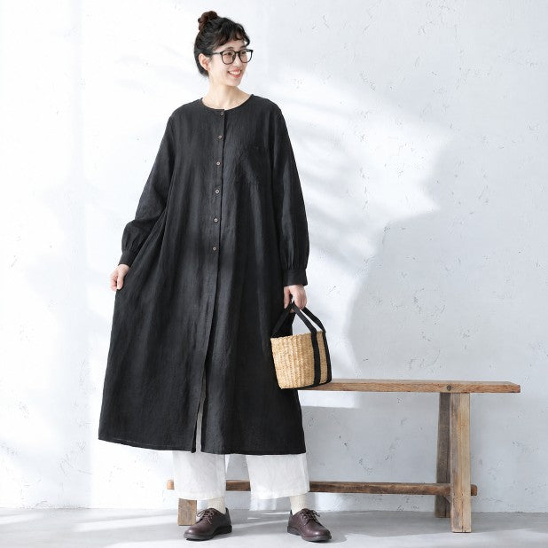 M-2XL ギャザースリーブ ポケット付き 長く着られる ロングワンピース M 写真通り
