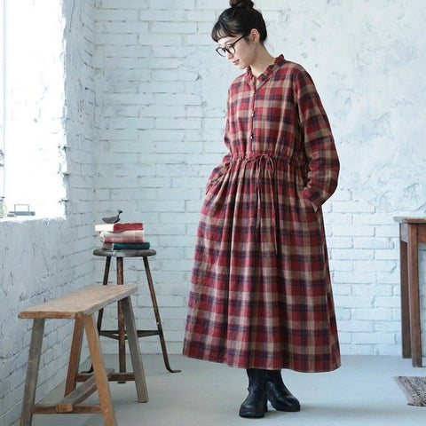 M-2XL 3色展開 チェック柄 スタンドネック ボウタイ Aライン レディース カジュアルワンピース M ブルー