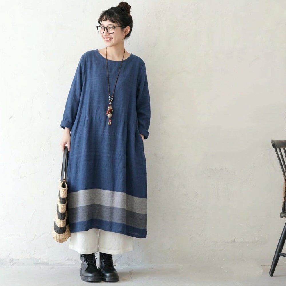 M-2XL 秋のひとときコットンリネンワンピース M ブラック
