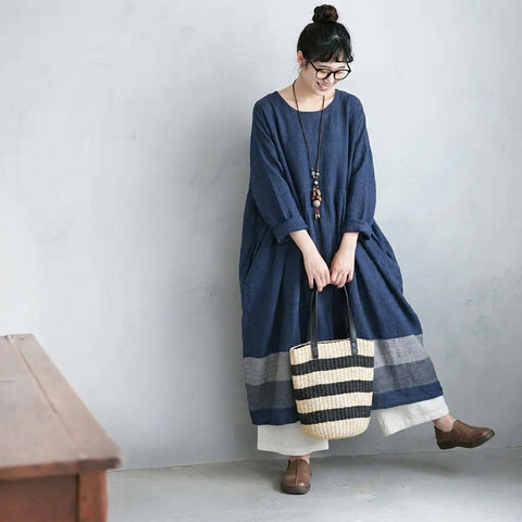 M-2XL 秋のひとときコットンリネンワンピース 2XL ネイビー