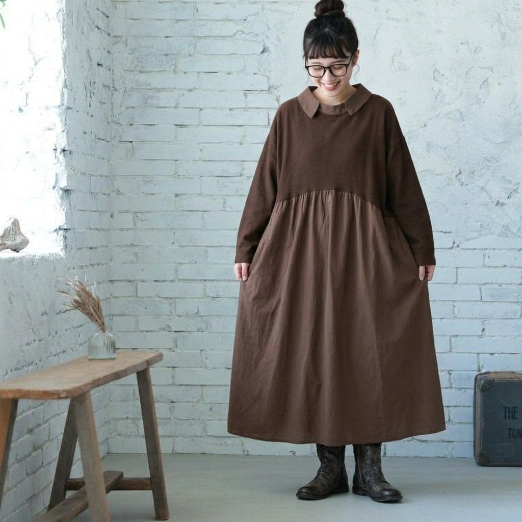 M-2XL 女性らしさ全開♡ 長袖 Aライン 無地 切り替え POLOネック シンプル ワンピース M ベージュ