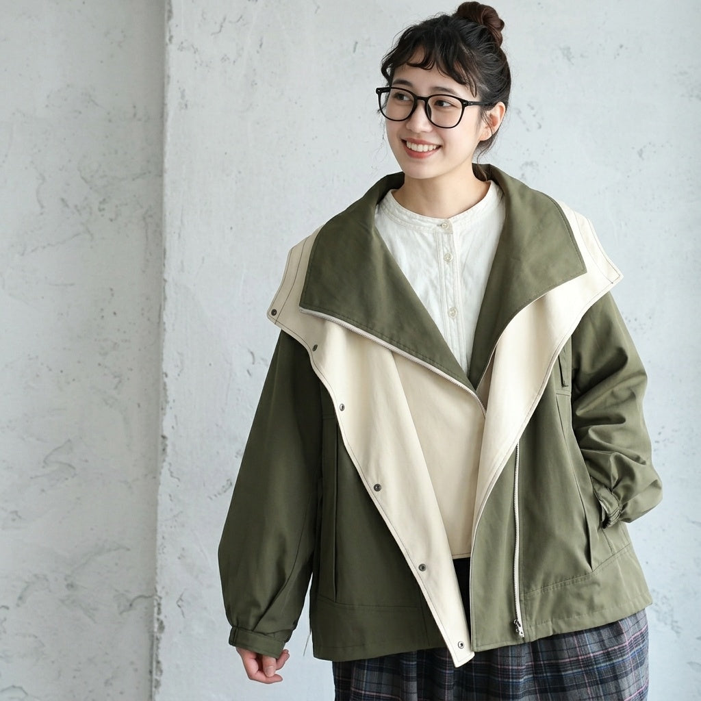 M-4XL 重ね着風 フード付き 配色 ファッション ジャケット M グリーン