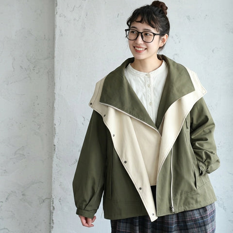 M-4XL 重ね着風 フード付き 配色 ファッション ジャケット M グリーン