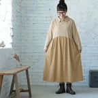 M-2XL 女性らしさ全開♡ 長袖 Aライン 無地 切り替え POLOネック シンプル ワンピース M ベージュ