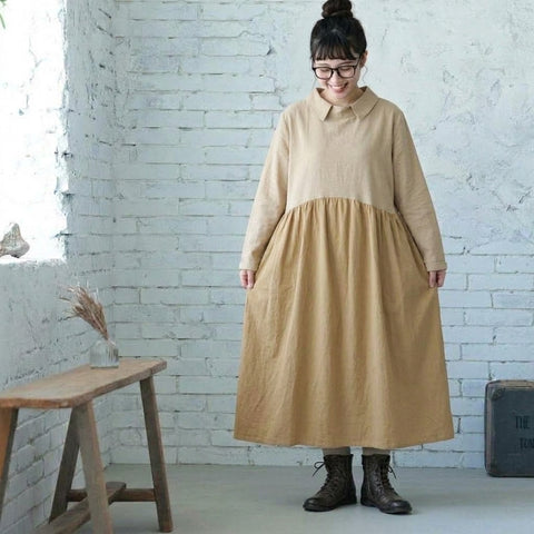 M-2XL 女性らしさ全開♡ 長袖 Aライン 無地 切り替え POLOネック シンプル ワンピース M ベージュ