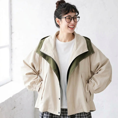 M-4XL 重ね着風 フード付き 配色 ファッション ジャケット M グリーン