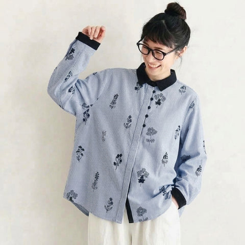 M-L 柔らかな肌触りの花柄ダブルガーゼブラウス M ホワイト