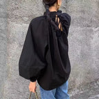 【コットン】S-XL 大きめのサイズ感 甘めな印象 ビックシルエット ボウタイ シャツ S ブラック