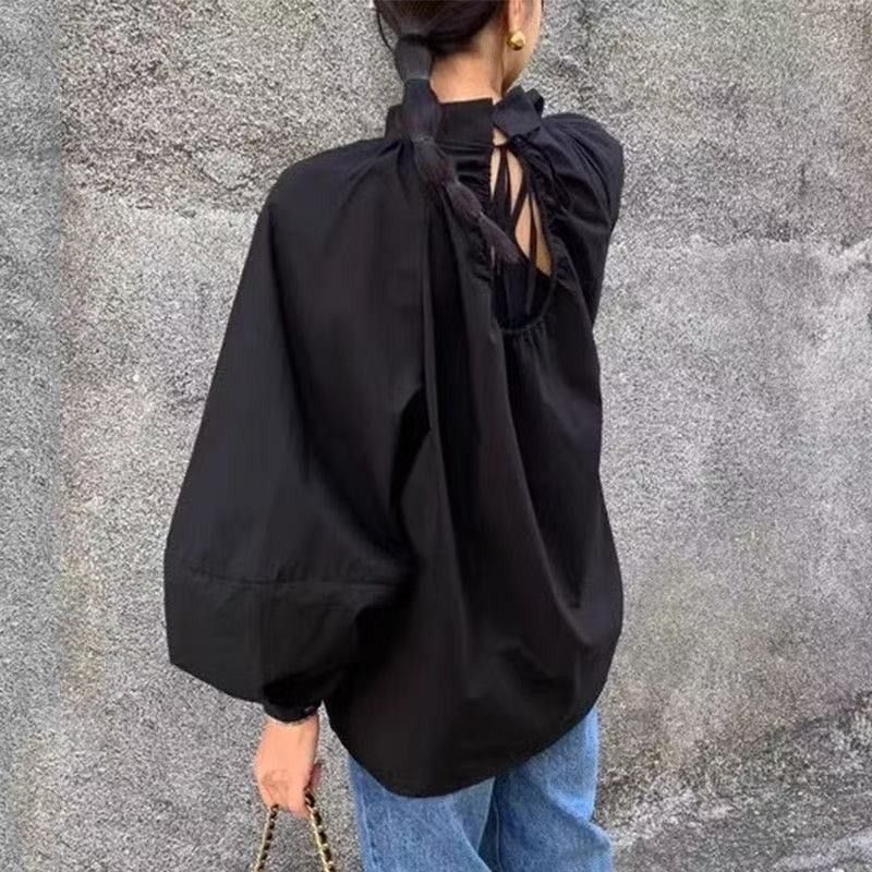 【コットン】S-XL 大きめのサイズ感 甘めな印象 ビックシルエット ボウタイ シャツ S ブラック