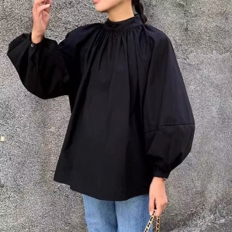 【コットン】S-XL 大きめのサイズ感 甘めな印象 ビックシルエット ボウタイ シャツ S ブラック