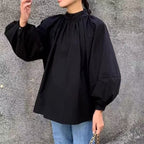 【コットン】S-XL 大きめのサイズ感 甘めな印象 ビックシルエット ボウタイ シャツ S ブラック