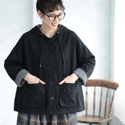 M-2XL 人気商品 ファッション チェック柄 無地 フード付き シングルブレスト 長袖 トレンチコート 2XL ブラック