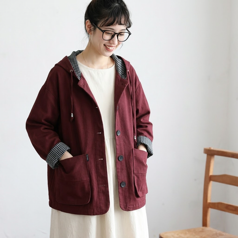 M-2XL 人気商品 ファッション チェック柄 無地 フード付き シングルブレスト 長袖 トレンチコート 2XL ワインレッド