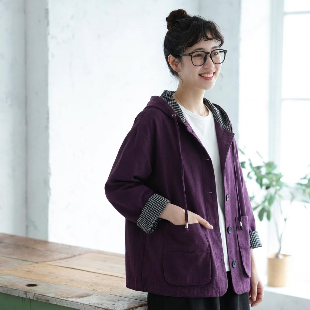 M-2XL 人気商品 ファッション チェック柄 無地 フード付き シングルブレスト 長袖 トレンチコート 2XL パープル