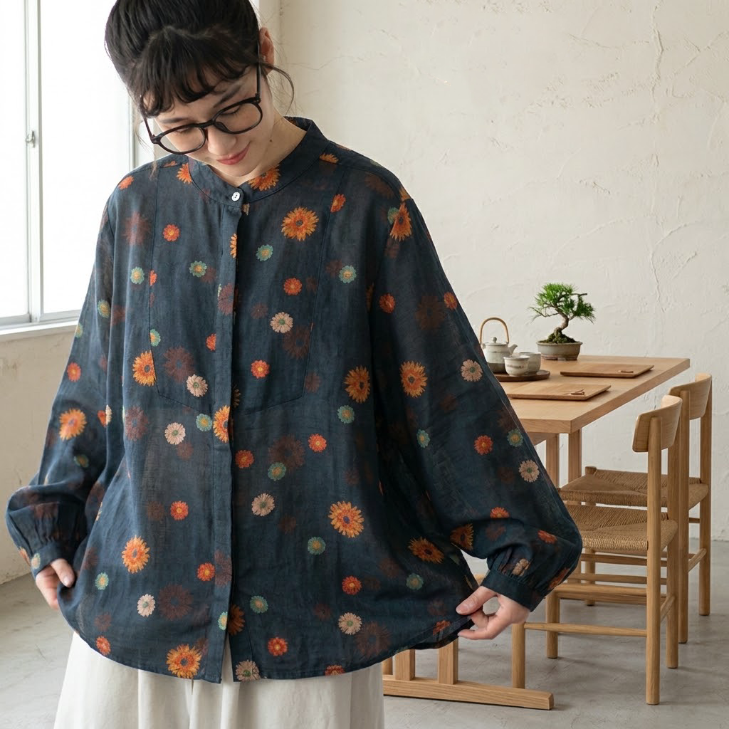 M-3XL 散歩の日に似合うコスモス柄ブラウス M コスモス