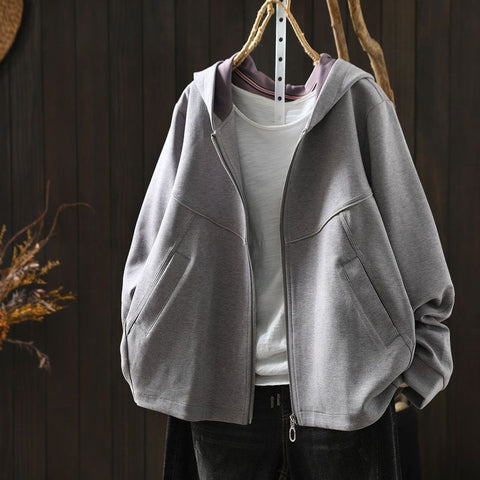 L-5XL パーカー襟 前開きポケット付き ゆったりシルエット 長袖ジャケット L グレー