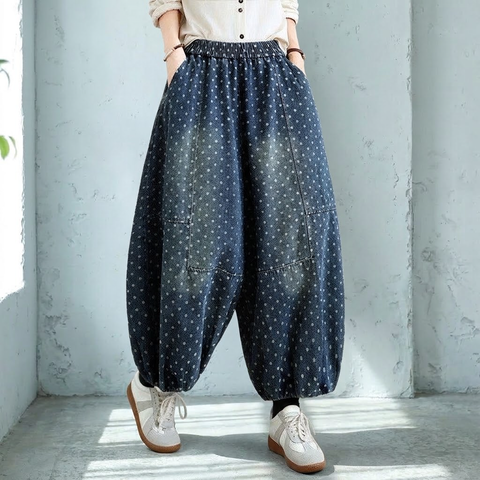 M-2XL 人気新品 ドット柄 プリント カジュアル スリム効果 ジーンズ 2XL ブルー